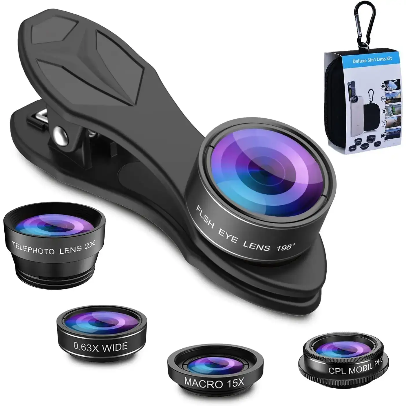 MIAO LAB 5 in 1 Lens Kit -0.63X Wide Angle Lens & 15X Macro Lens+190°Fisheye + 2X Telephoto Lens - 1